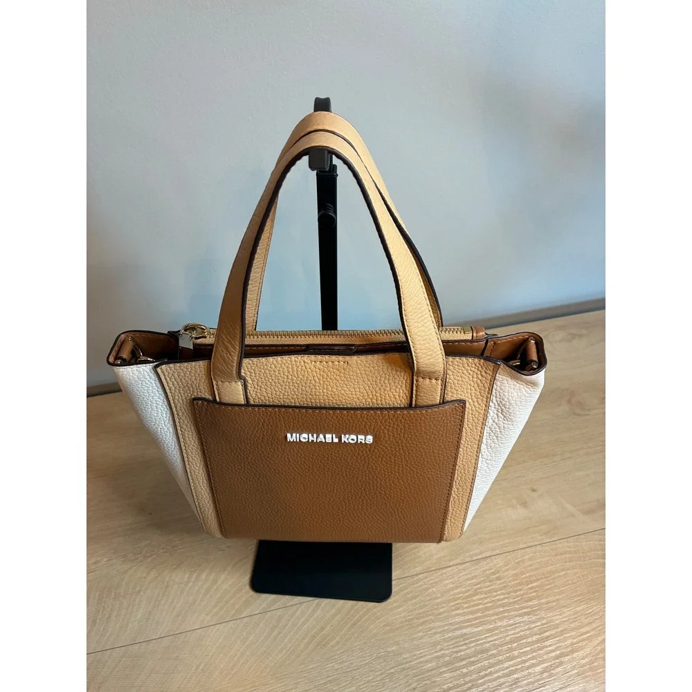 Michael Kors Small Tri-Color Pebbled Leather Satchel Crossbody Bag Tan Brown